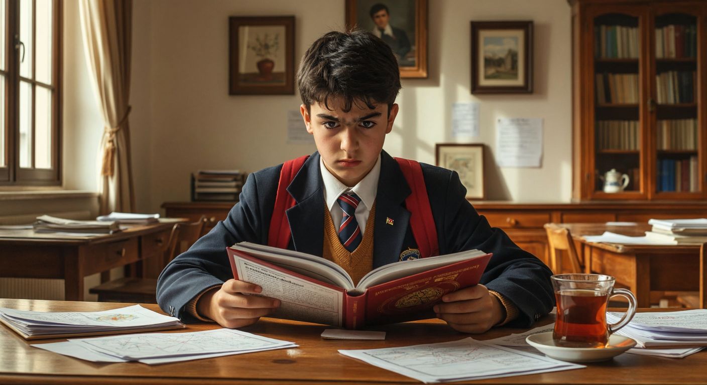A young student in a Turkish high school uniform sits at a wooden desk, flipping through a thick trigonometry textbook with a slightly confused but determined expression, surrounded by scattered papers and a steaming cup of Turkish tea.