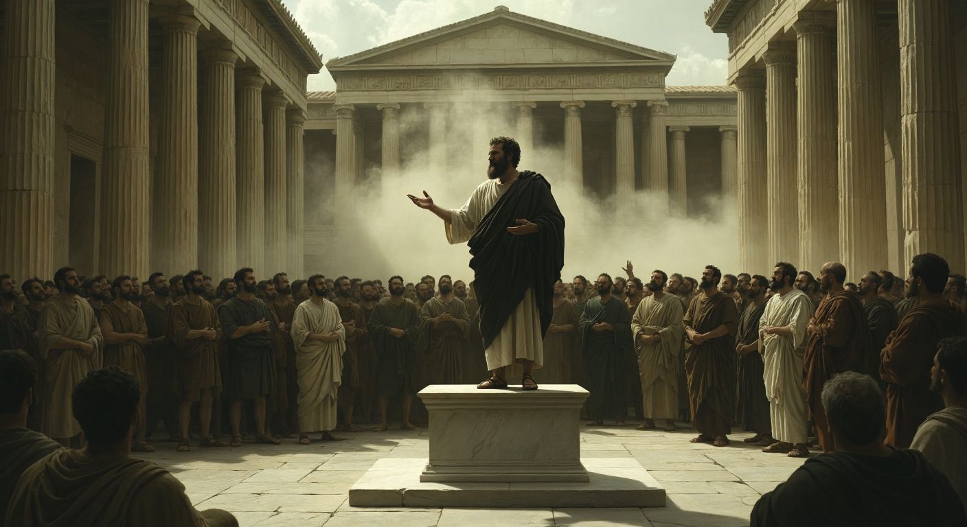 A shadowy ancient Greek philosopher stands in a misty agora, gesturing toward an empty pedestal while a crowd of perplexed listeners tilts their heads in confusion.