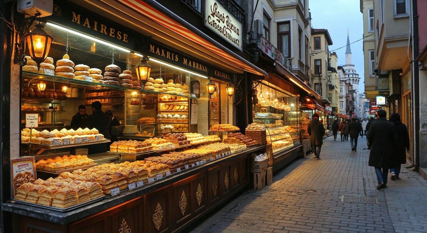 A vibrant Istanbul street scene with a bustling pastry shop displaying golden baklava, creamy Maraş ice cream, and flaky milföy pastries, while a warm glow from the shop window lights up the cobblestone street.