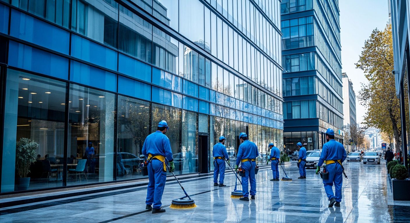 A bustling Istanbul street with a modern office building displaying a clean glass facade, while a team of uniformed cleaners in blue outfits efficiently wipe windows and polish floors, reflecting professionalism and trust.