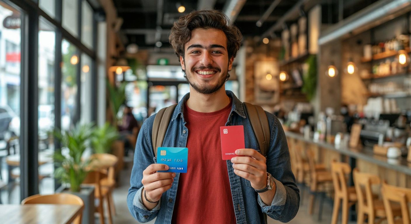 A young Turkish person in casual clothing smiles while holding a sleek blue Papara card, standing in a modern café with a smartphone displaying a confirmation notification in their other hand.