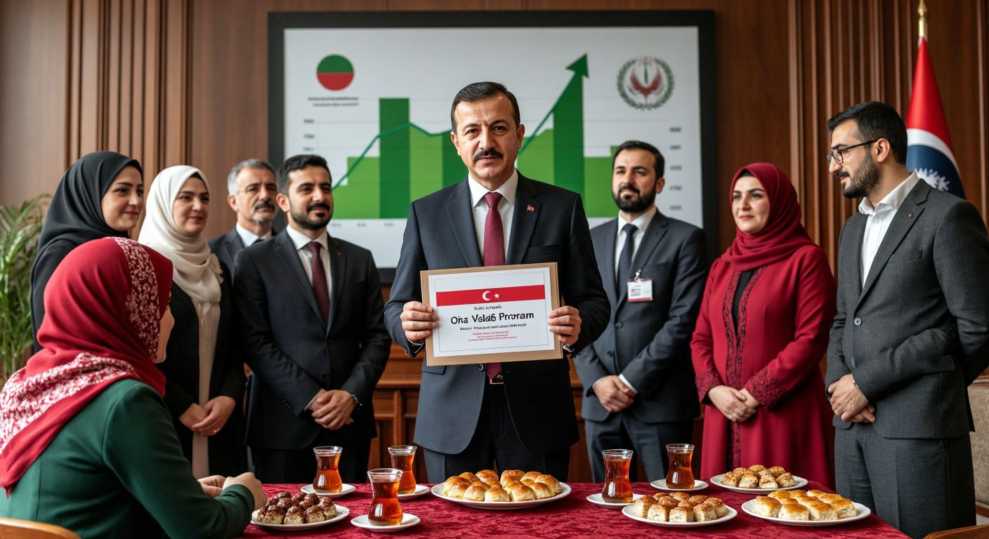 A Turkish government official in a formal suit stands in front of a large economic growth chart, holding a document labeled "Orta Vadeli Program," while diverse citizens in traditional and modern attire gather around a table with Turkish tea and baklava, symbolizing integration and development.