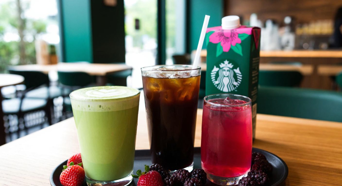 A cozy Starbucks café in Turkey with a wooden table displaying a vibrant green matcha latte, a dark nitro cold brew in a clear glass, and a pink hibiscus refresher, surrounded by fresh berries and almond milk cartons, evoking a sense of health and freshness.