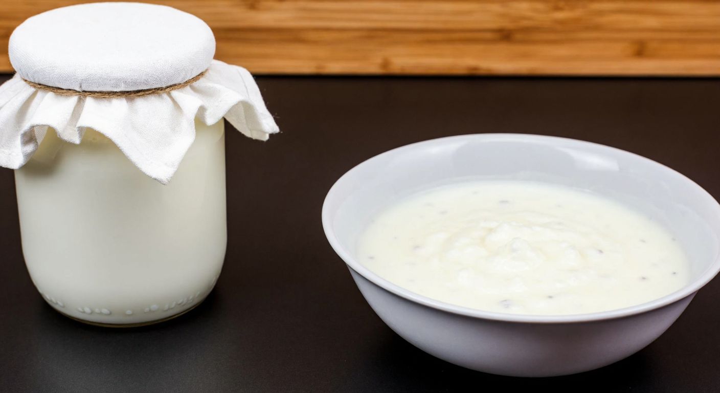 A warm Turkish kitchen with a clean glass jar filled with fresh milk and kefir grains, covered with a white cloth, resting on a wooden countertop near a bowl of creamy kefir ready to be strained.
