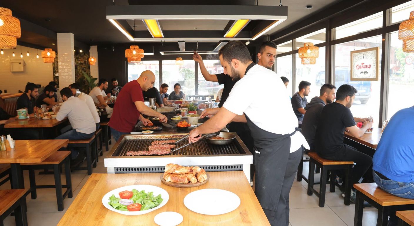 A bustling Turkish dürüm restaurant with a mustachioed chef grilling meat, customers enjoying wraps at wooden tables, and a visible absence of alcohol bottles or drinks.