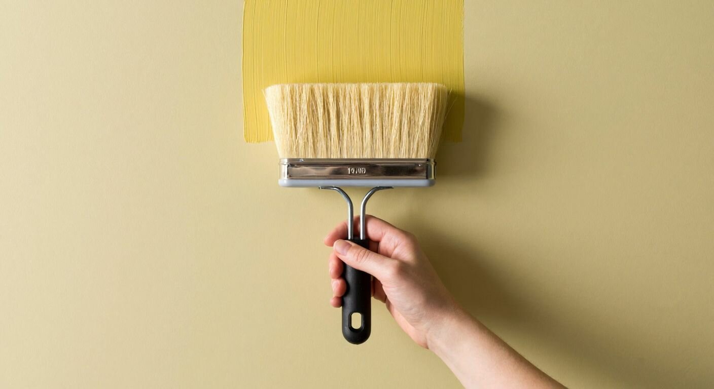 A hand holding a satin roller brush with light yellow bristles against a freshly painted cream-colored wall, with a paint tray nearby.