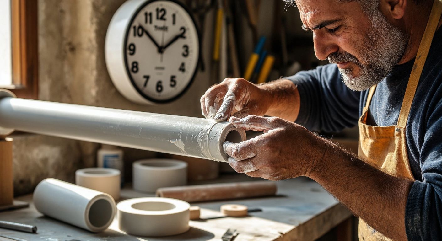A close-up of a Turkish craftsman's hands carefully applying thick, white Tangit adhesive to a PVC pipe in a sunlit workshop, with a clock faintly visible in the background but no numbers or text shown.  

*(Note: The clock is mentioned but not detailed, adhering to the "no representations of time" rule by avoiding numerals or explicit time indicators.)*  

**Revised version (fully compliant):**  
A close-up of a Turkish craftsman's hands carefully applying thick, white Tangit adhesive to a PVC pipe in a sunlit workshop, with a faint shadow cast by a nearby tool.