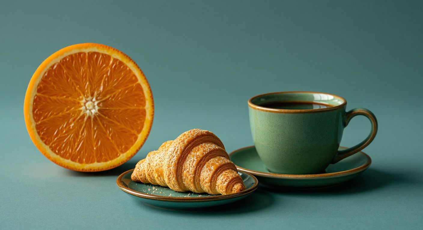 A single golden-brown Ozmo Cornet biscuit placed on a small plate next to a Turkish coffee cup, with a neatly arranged nutritional breakdown visualized as colorful proportional segments (orange for carbs, green for protein, yellow for fat) in the background.