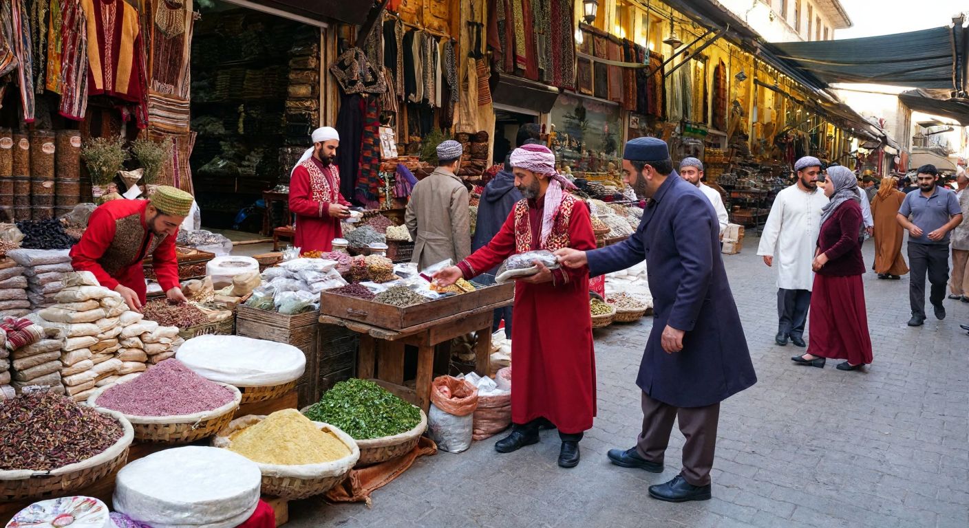 A bustling marketplace in Gaziantep with merchants in traditional attire exchanging goods, surrounded by stacks of spices and textiles, conveying a sense of thriving commerce.
