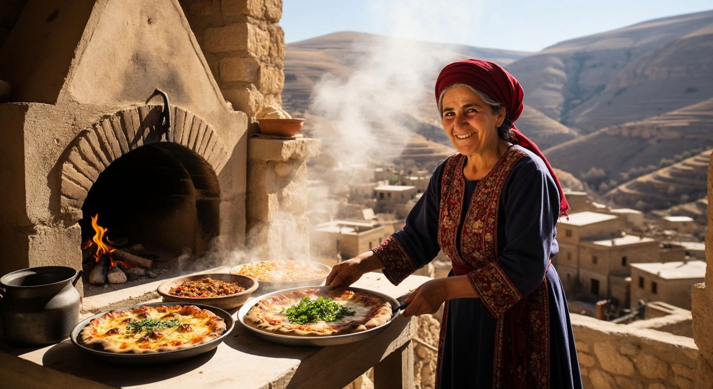A sunlit stone village in Mardin's rugged hills, with a wood-fired oven puffing aromatic smoke as a smiling elderly Süryani woman in traditional dress slides out a golden Turabdin pizza topped with local herbs.