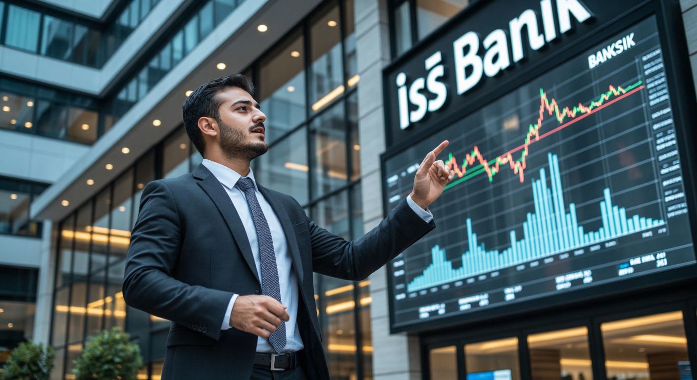 A confident Turkish businessman in a sleek suit stands in front of a modern bank building with İş Bankası signage, gesturing toward a digital stock market graph on a transparent screen.