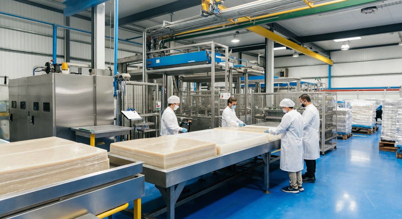 A modern factory in Turkey with stainless steel machinery producing gelatin, workers in white lab coats inspecting translucent sheets of edible collagen, and stacks of packaged products ready for export.