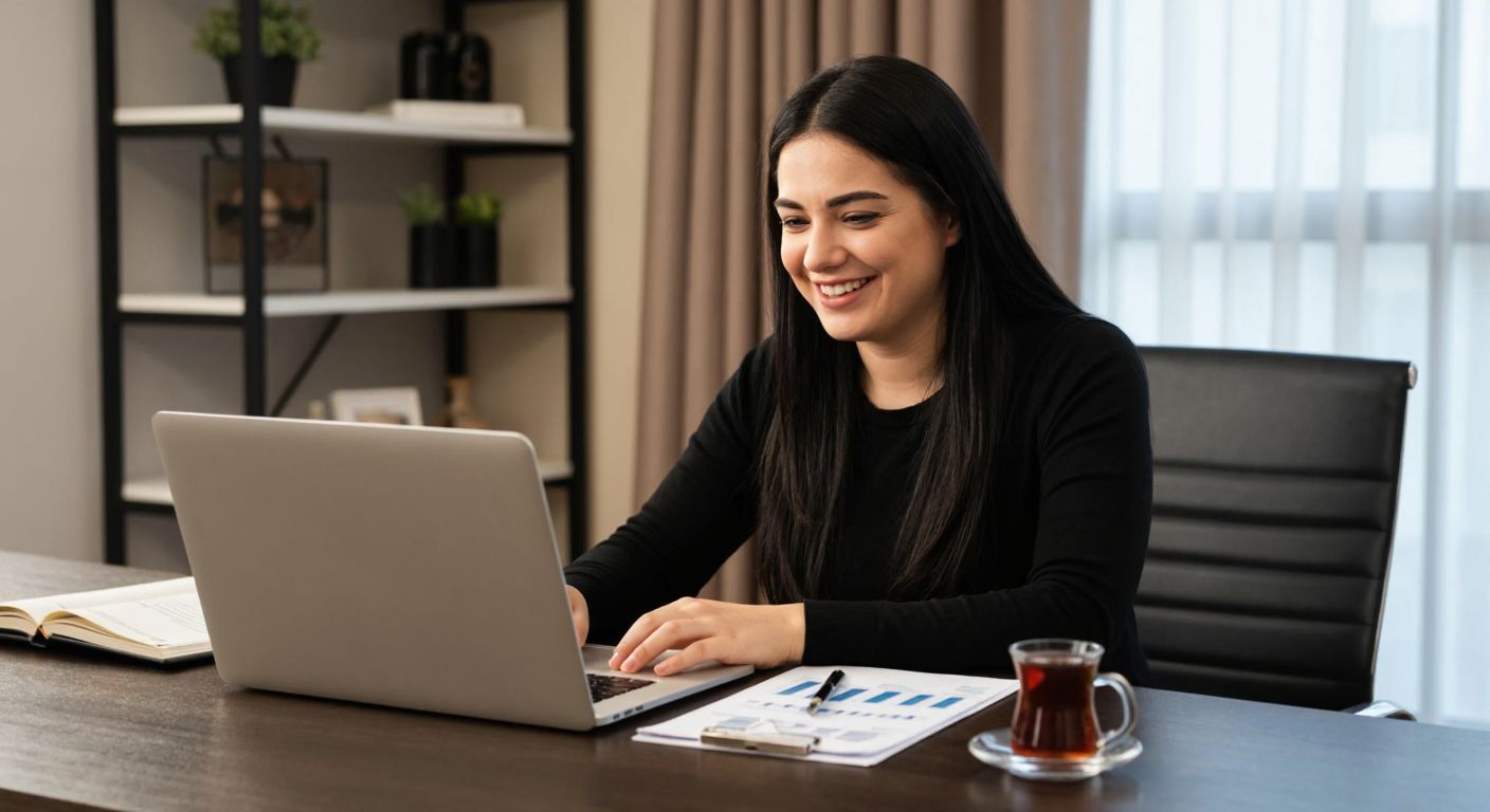 A Turkish accountant in a modern home office smiles while reviewing financial documents on a laptop, with a steaming cup of Turkish tea and a neatly organized desk in the background.