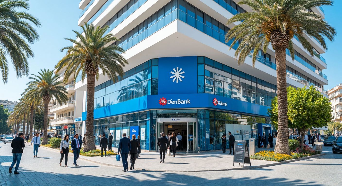 A modern DenizBank branch with a blue logo facade, nestled among bustling streets and palm trees in Konak, İzmir, with people in business attire entering and exiting.
