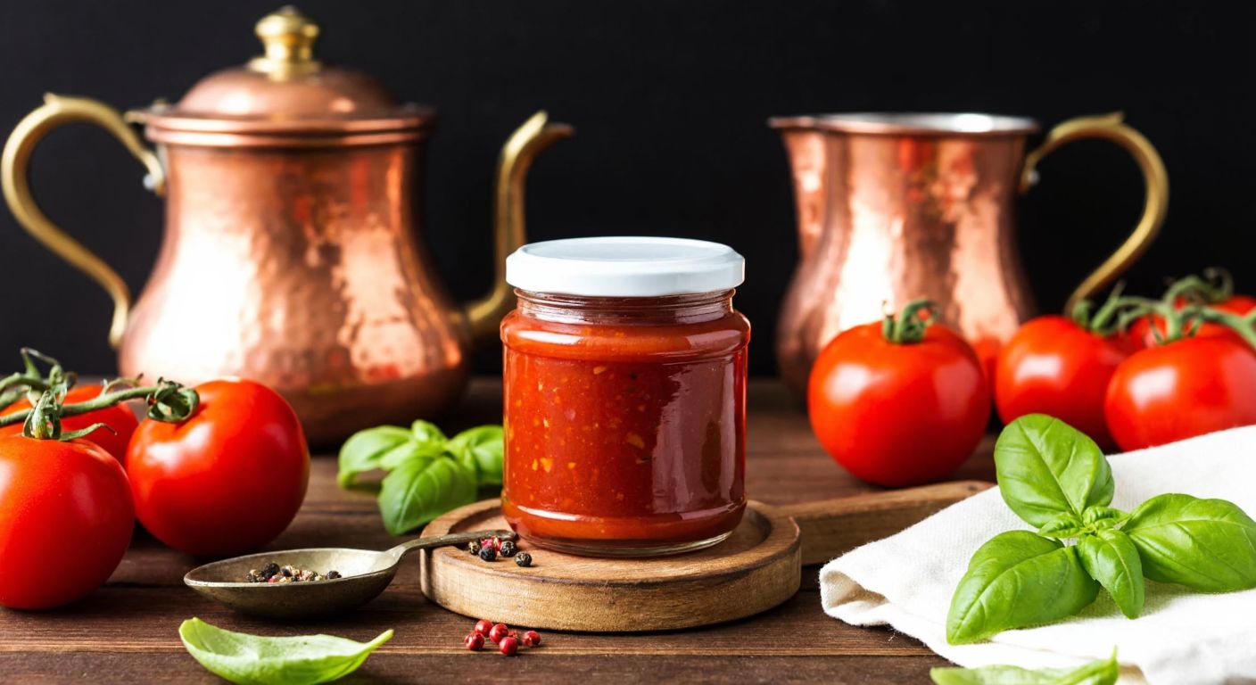 A rustic Turkish kitchen with a jar of rich red tomato paste on a wooden table, surrounded by fresh tomatoes, basil, and a traditional copper pot, evoking warmth and authenticity.
