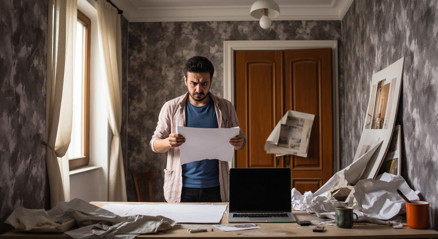 A frustrated Turkish homeowner stands in a half-papered room, holding a crumpled wallpaper sheet while looking at a laptop screen displaying a paused tutorial video.