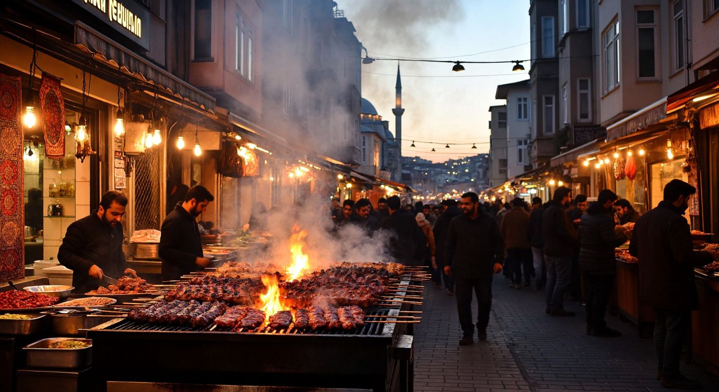 A bustling Üsküdar street at dusk, with a smoky grill piled high with sizzling skewers of Adana, Urfa, and İskender kebabs, surrounded by eager locals and the warm glow of lanterns.