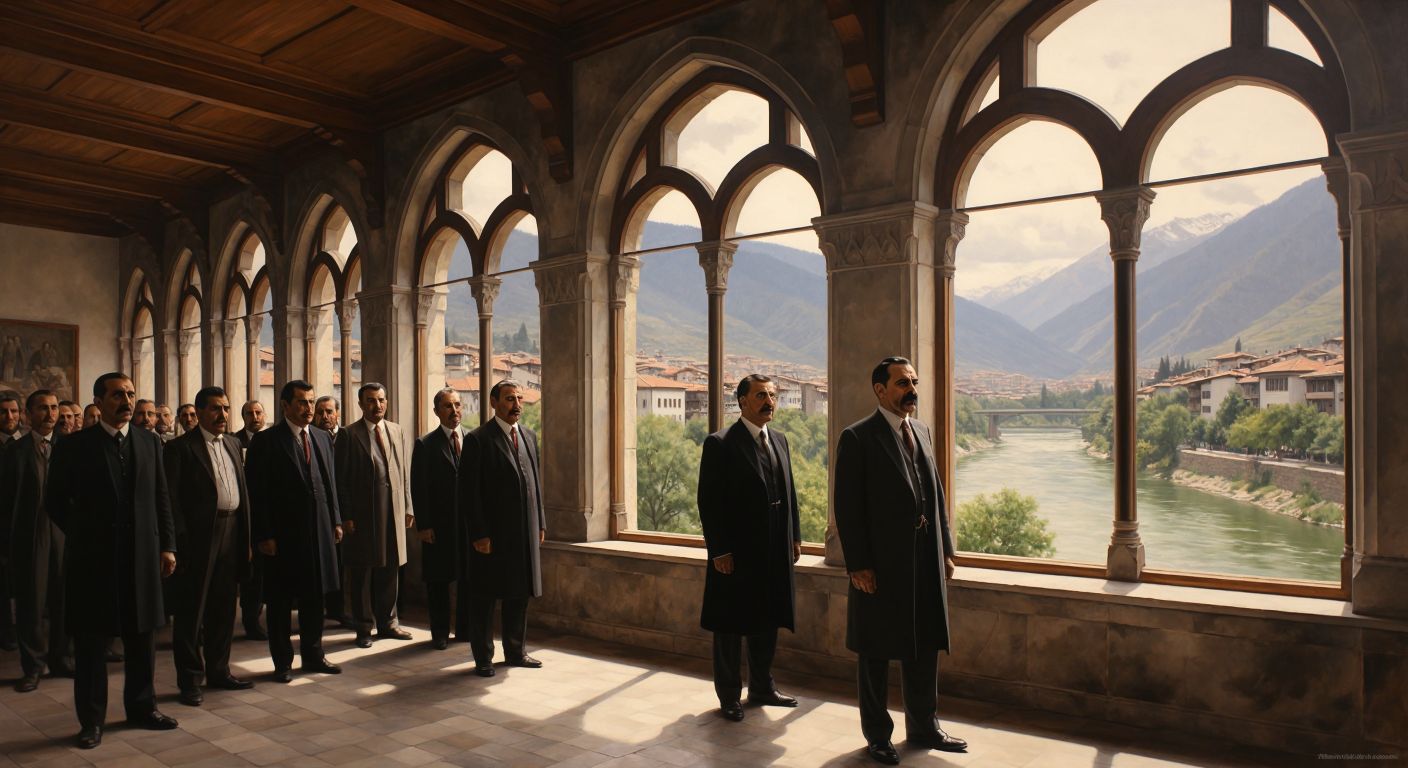 A solemn Mustafa Kemal stands in a historic Amasya building, surrounded by determined Turkish officials, with the Yeşilırmak River visible through arched windows, evoking unity and purpose.