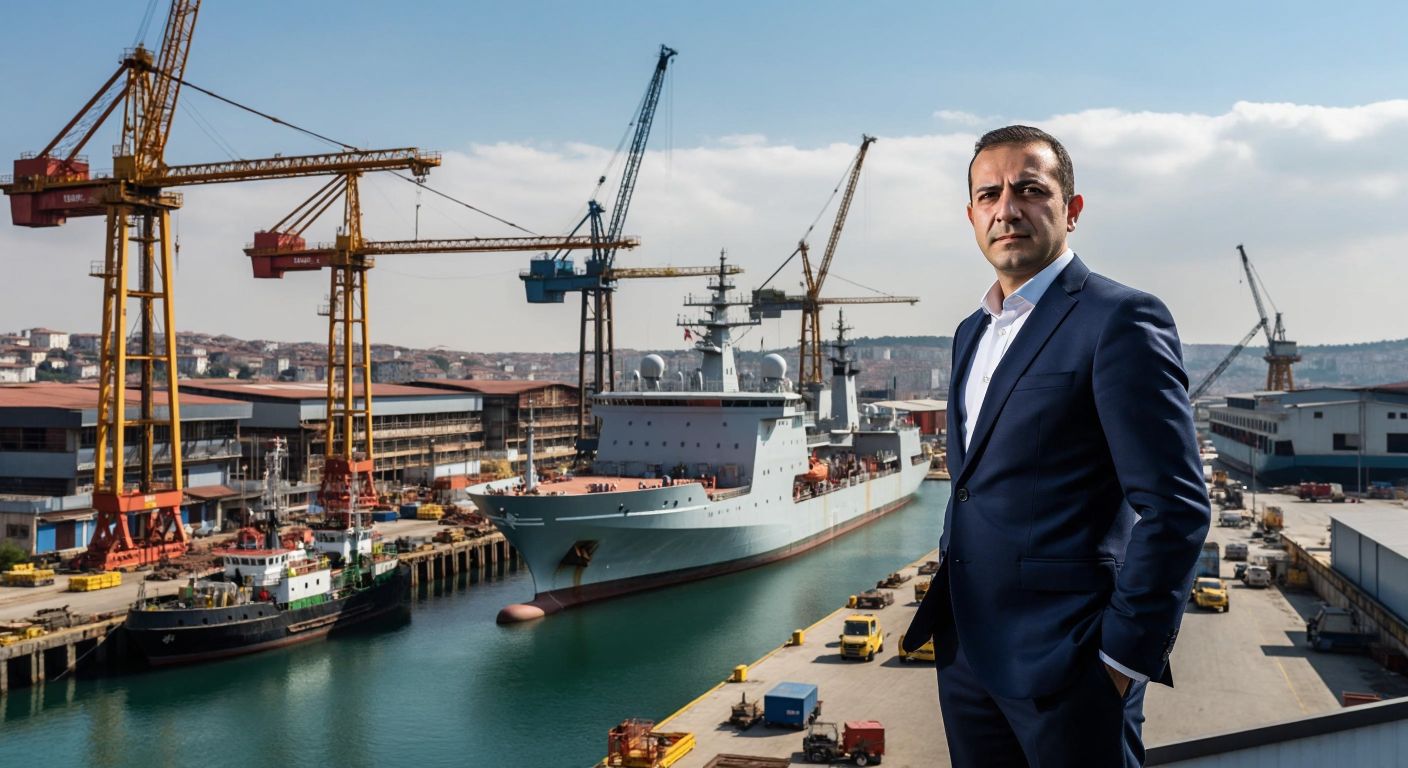 A bustling shipyard in Istanbul's Tuzla district, with cranes towering over sleek military and commercial vessels under construction, under the watchful gaze of a confident Turkish businessman in a suit.