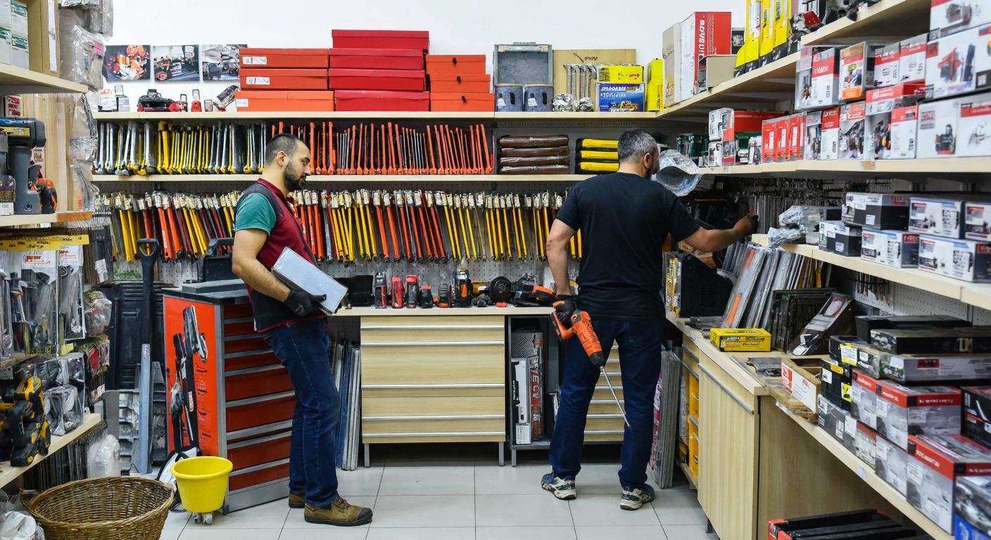 A bustling Turkish hardware store with shelves stacked with construction tools, furniture accessories, and measuring instruments, while a shopkeeper assists a customer holding a power drill.