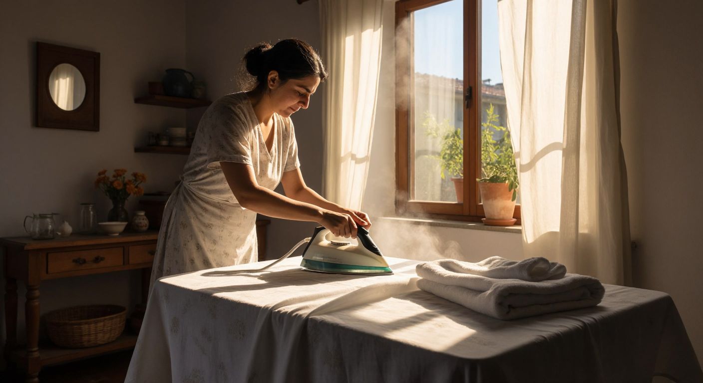 A Turkish woman carefully irons a wrinkled nylon tablecloth with a steam iron on a wooden ironing board, while a damp white towel lies folded nearby and sunlight streams through a nearby window.