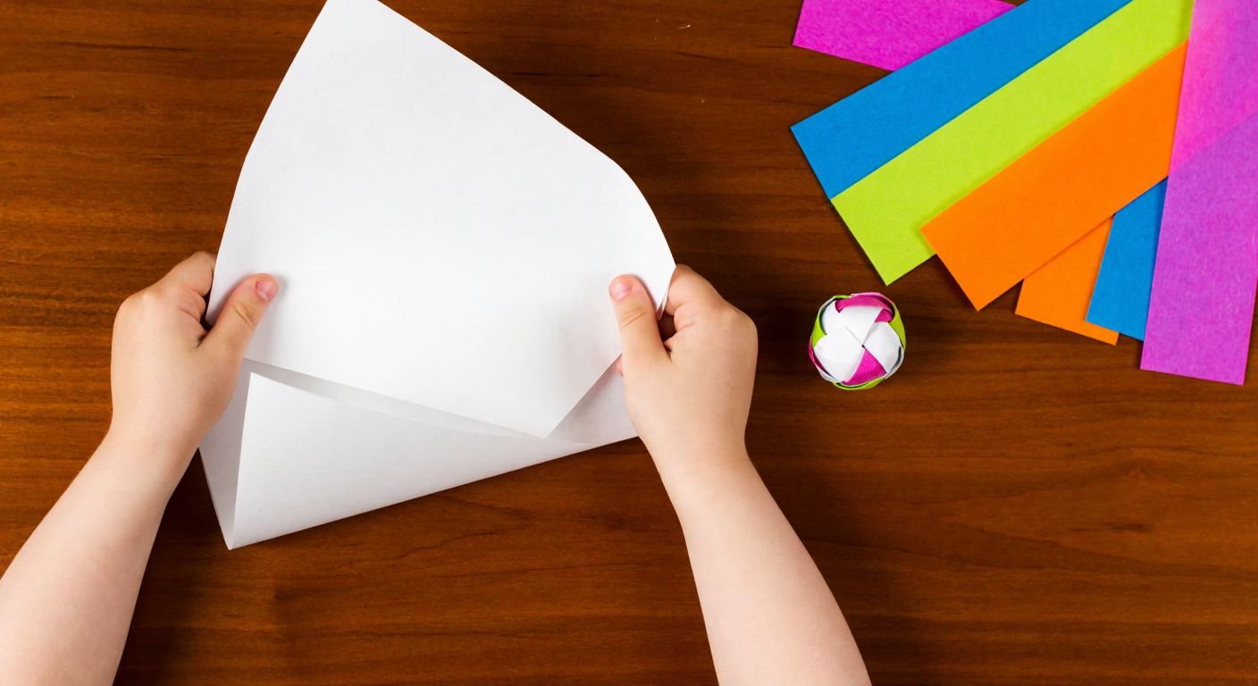 A child’s hands carefully folding a crisp white A4 sheet into a small paper ball on a wooden table, with colorful pelür paper strips scattered nearby.