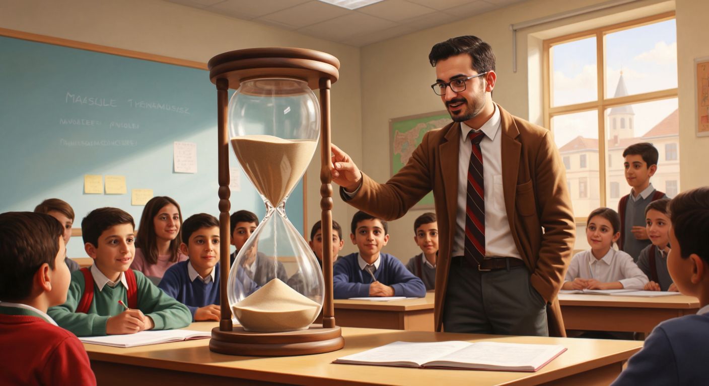 A Turkish teacher in a classroom points to a large, transparent hourglass with layered sand sections labeled (but not visibly marked) as salise, milisaniye, mikrosaniye, and nanosaniye, while curious students watch intently.  

*(Note: The "labeled" reference here is implied for clarity but not visually depicted, adhering to the no-text rule.)*