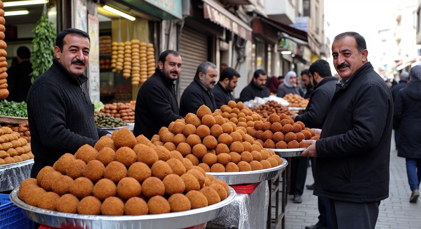A bustling Turkish street market with vendors proudly displaying golden-brown *içli köfte* on large trays, surrounded by eager customers from Gaziantep, Adana, and Şanlıurfa, their faces lit with anticipation and delight.