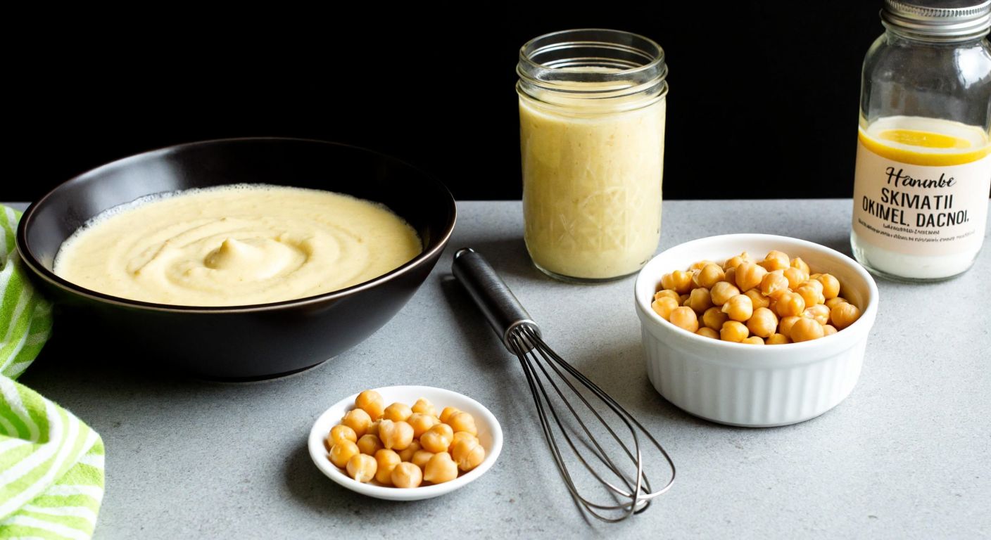 A Turkish kitchen counter with a bowl of whipped chickpea foam, a whisk resting beside it, and fresh chickpeas in a small dish, while a vegan dessert and a jar of homemade skin tonic sit nearby.