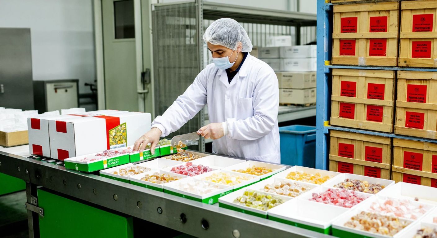 A Turkish factory worker in a white coat and hairnet carefully packs boxes of colorful lokum (Turkish delight) on a conveyor belt, while stacks of labeled shipping crates ready for export stand in the background.