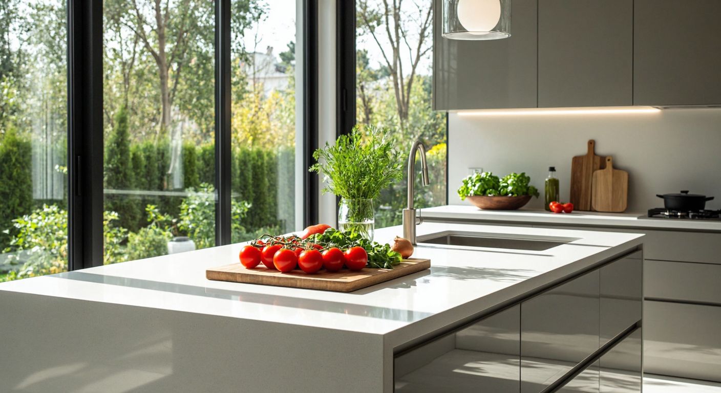 A sleek, pristine white kitchen countertop in a modern Turkish home, surrounded by polished cabinets and fresh ingredients like tomatoes and herbs, with sunlight streaming through the window.