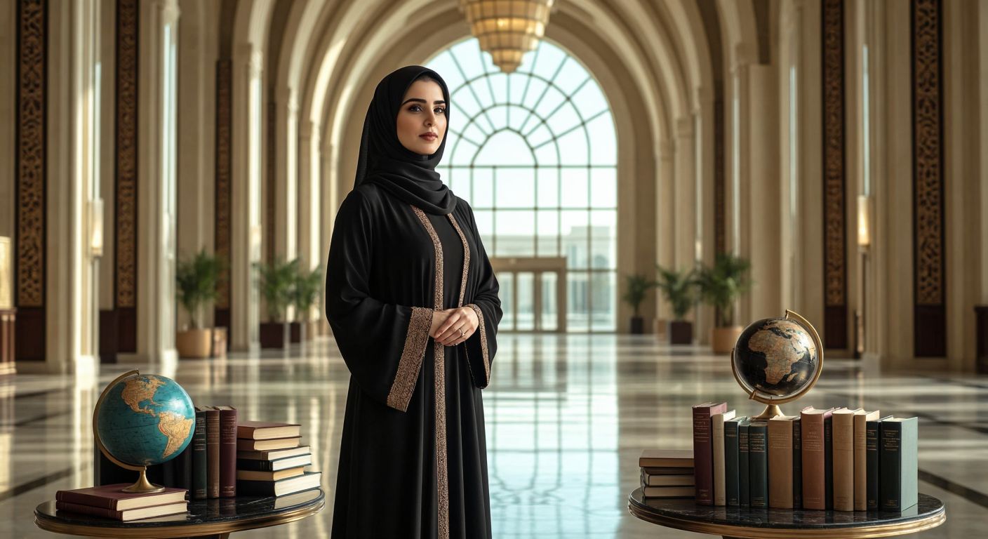 A poised Middle Eastern woman in an elegant abaya stands confidently in a grand hall, surrounded by symbols of education and leadership—books, a globe, and a modern architectural backdrop representing Qatar Foundation.