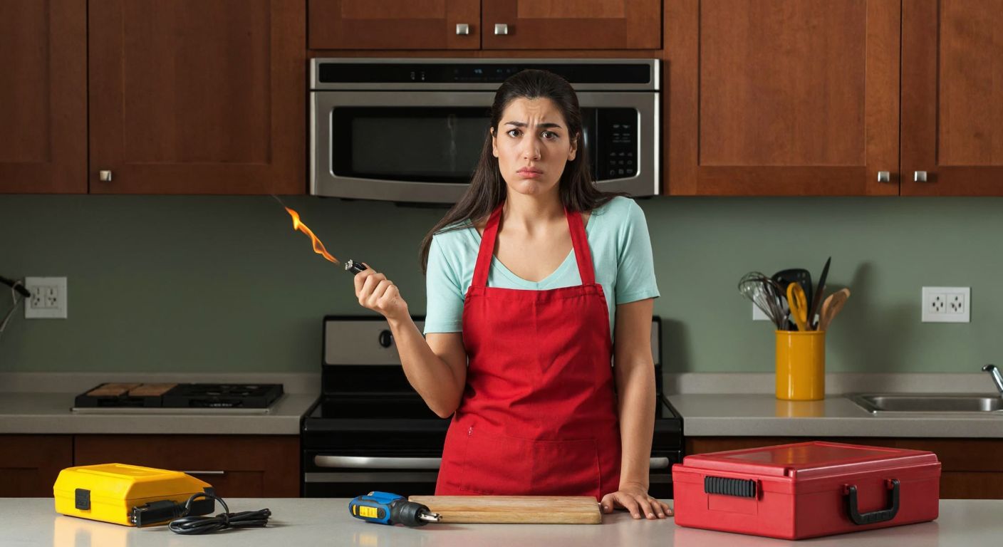 A frustrated Turkish woman in a kitchen apron stands beside a modern oven, holding a lighter with a puzzled expression, while a toolbox and an unplugged power cord lie on the counter nearby.
