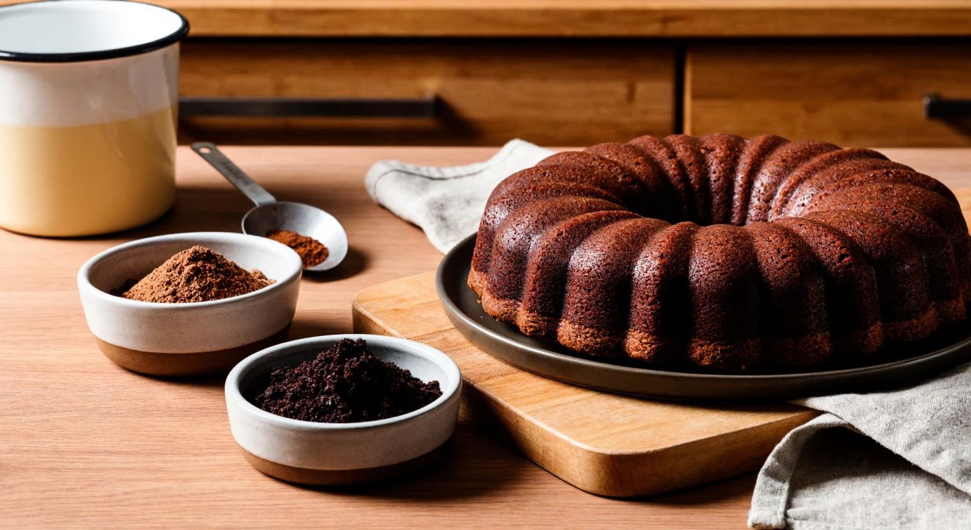 A warm Turkish kitchen with a wooden table displaying a freshly baked carob cake, a small bowl of carob powder, and a measuring spoon nearby, evoking a cozy, homemade atmosphere.