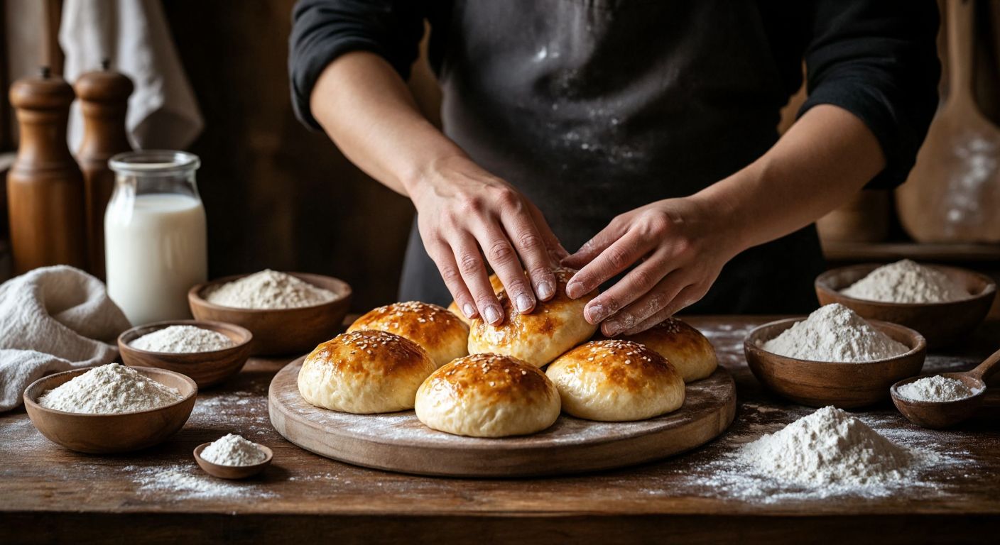 A warm Turkish kitchen with golden-brown poğaça dough rising on a wooden table, surrounded by bowls of yeast, warm milk, and flour, while a baker's hands gently shape the soft, fluffy dough.