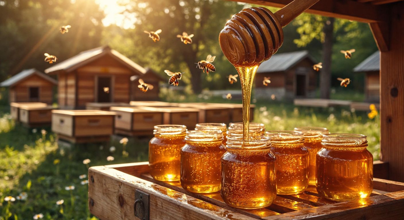 A golden honey fountain with thick amber liquid flowing smoothly into glass jars, surrounded by wooden beehives and bees hovering in a sunlit Turkish apiary.