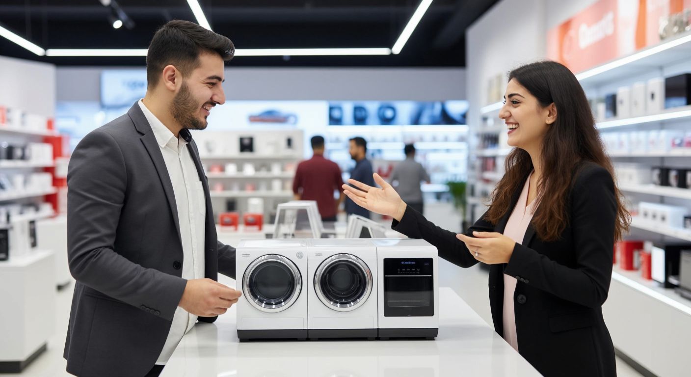A Turkish customer in a bright electronics store carefully inspecting a slightly scuffed display model of a home appliance while a smiling salesperson gestures toward it.