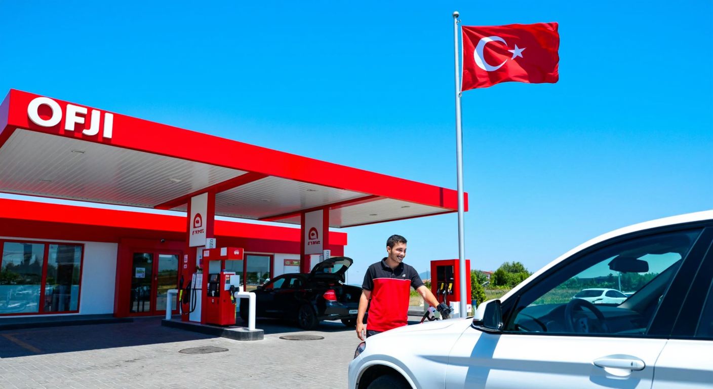 A bright red Petrol Ofisi gas station under a clear blue sky, with a Turkish flag waving nearby and a smiling attendant in a company uniform filling a car's tank.