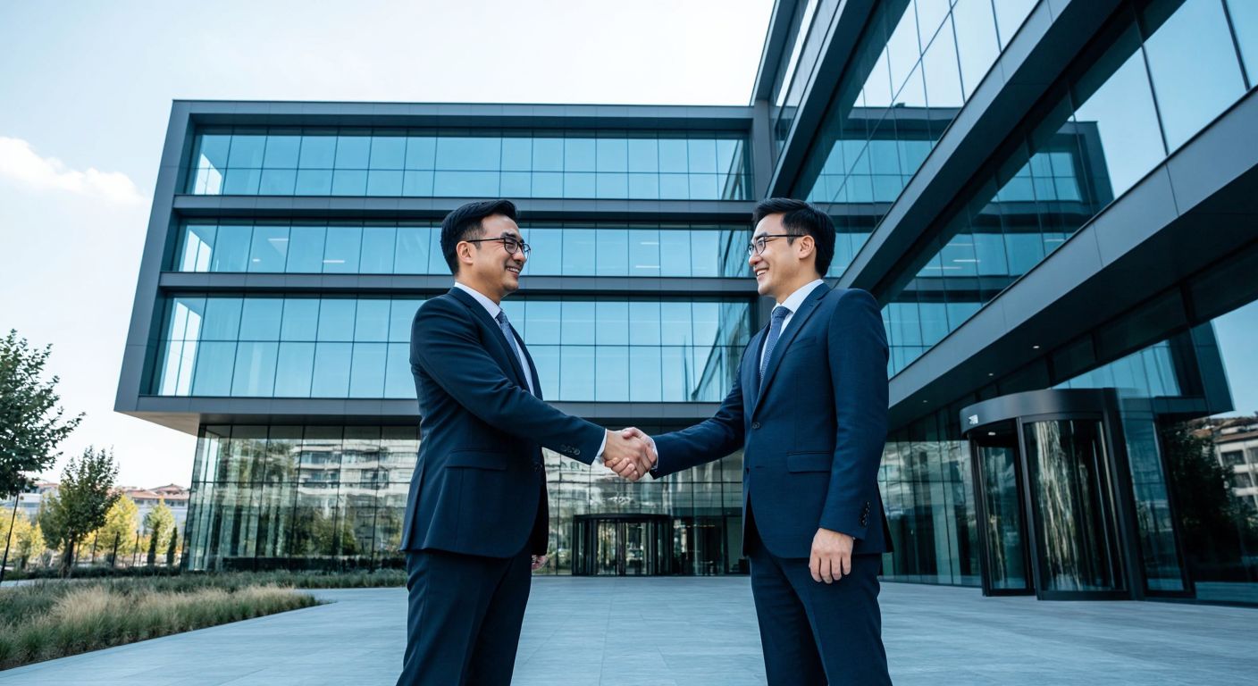 A sleek, modern office building in Istanbul with Turkish and South Korean businesspeople shaking hands in front of a glass facade, symbolizing the joint venture between Doğuş Group and SK Group.
