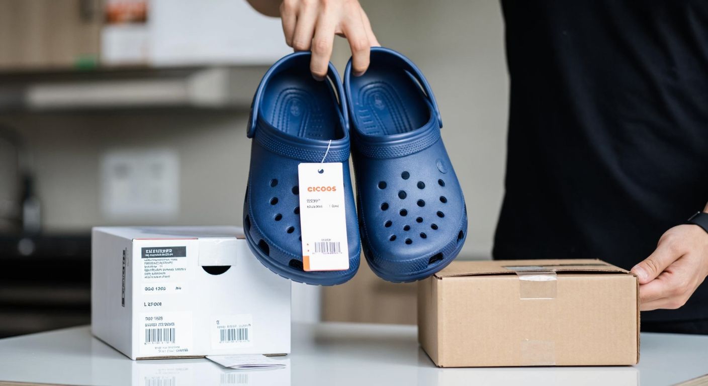 A person in Turkey holding a pair of unworn Crocs with tags still attached, standing near a neatly packed return box with a shipping label (without visible text) and a receipt tucked inside.