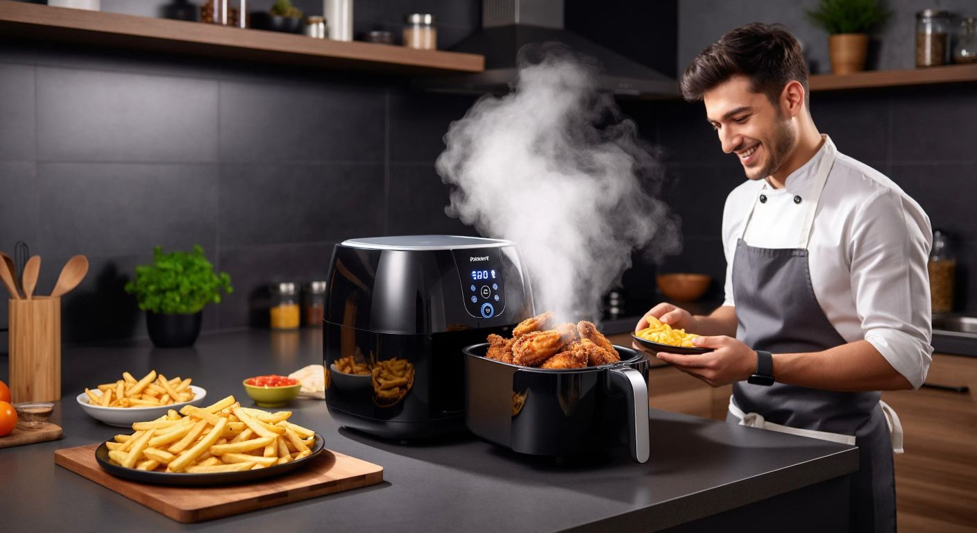 A modern Turkish kitchen with a sleek air fryer on the counter, golden french fries and crispy chicken pieces inside, steam rising as a smiling home cook in an apron checks the timer-free appliance.