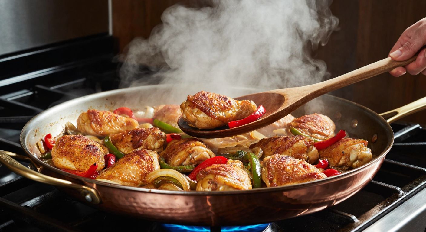 A sizzling copper pan on a stove with golden-brown chicken pieces cooking first, followed by translucent onions and vibrant red and green peppers being added, steam rising as a wooden spoon stirs the mixture.