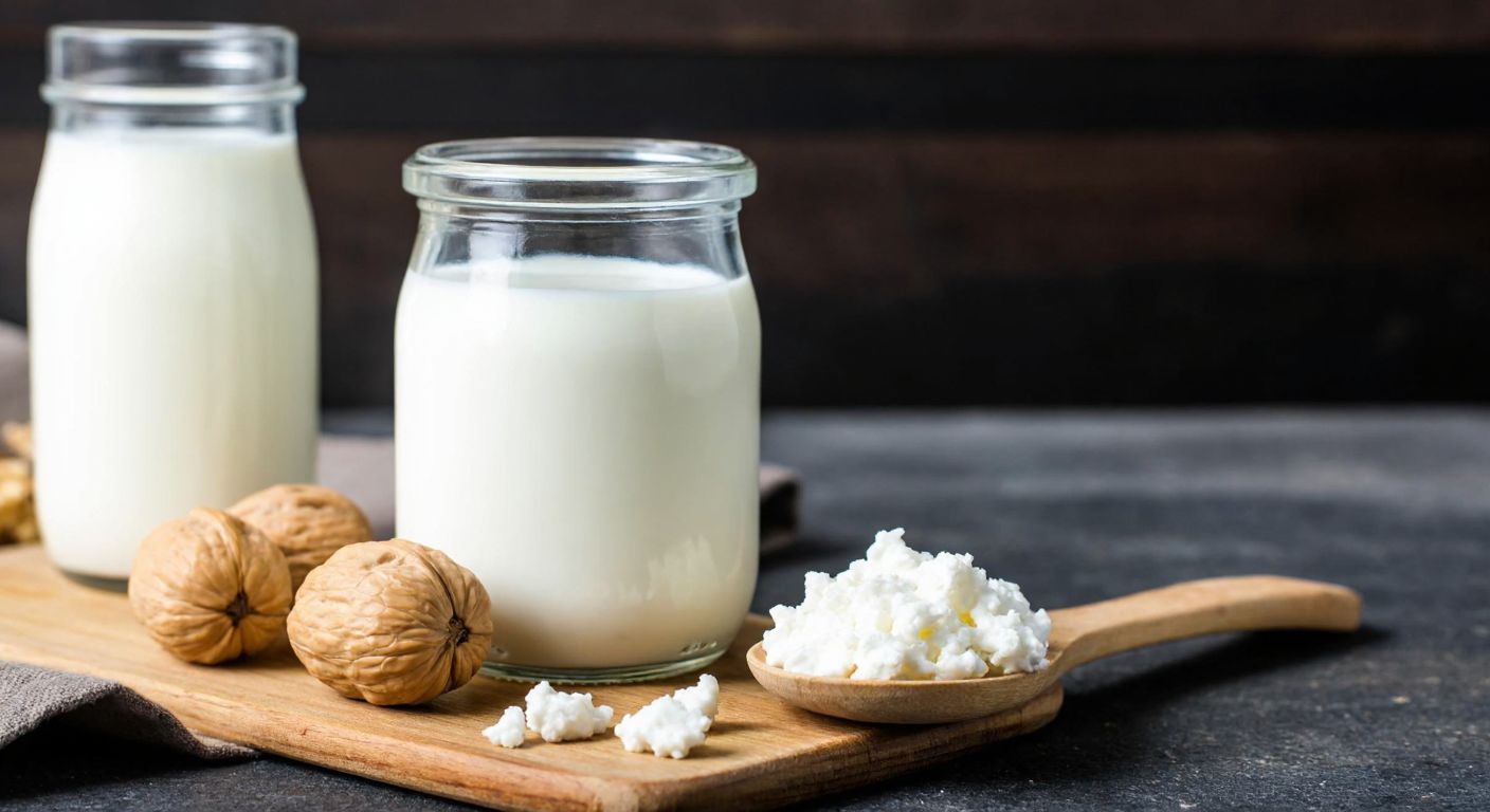A glass jar filled with fresh white milk, with a small cluster of creamy kefir grains the size of a walnut resting on a wooden spoon beside it, set on a rustic kitchen counter in Turkey.