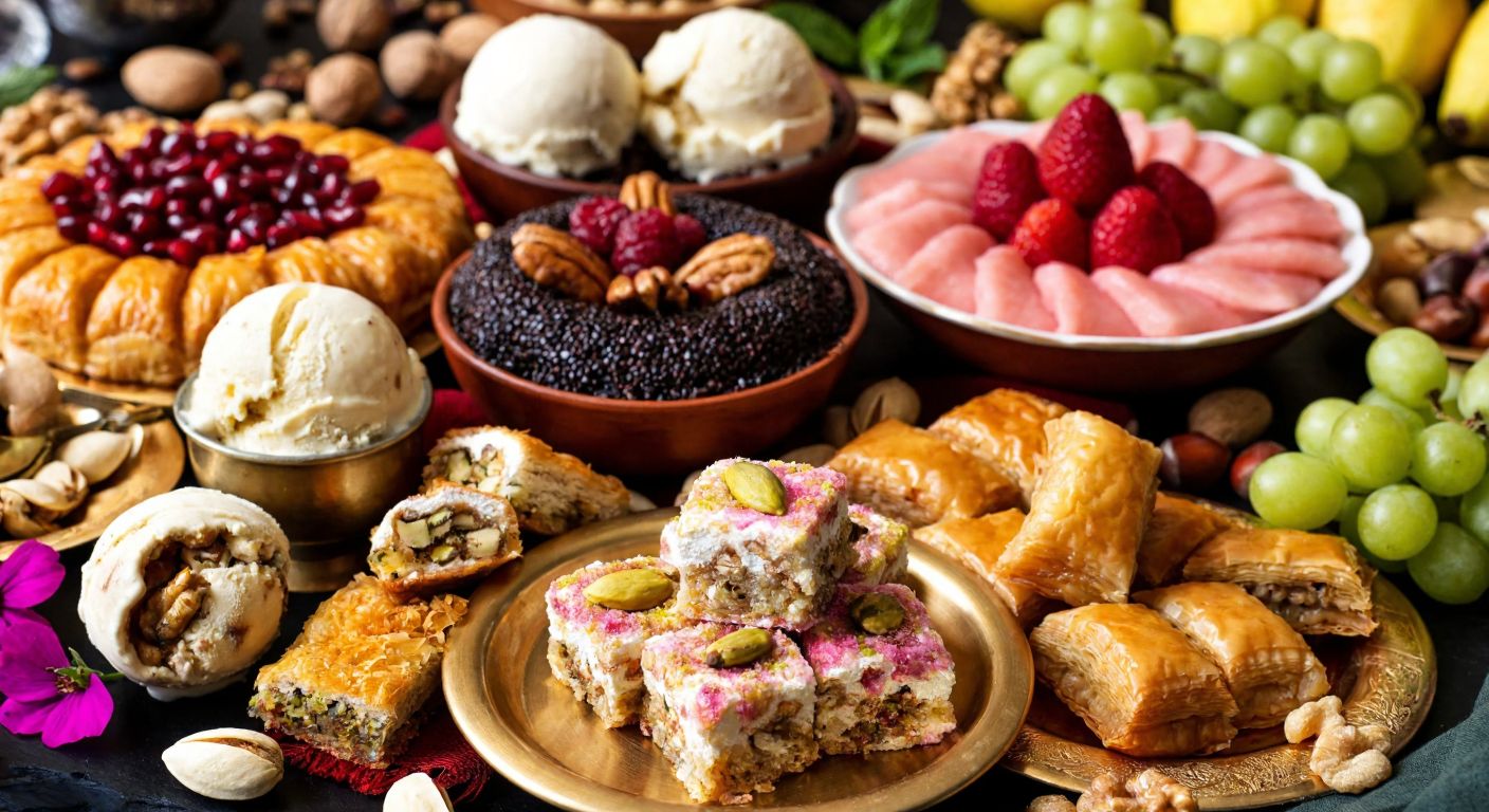 A vibrant Turkish dessert table overflowing with colorful lokum, golden baklava, creamy puddings, nut-filled pastries, and a scoop of dondurma, surrounded by fresh fruits and nuts.