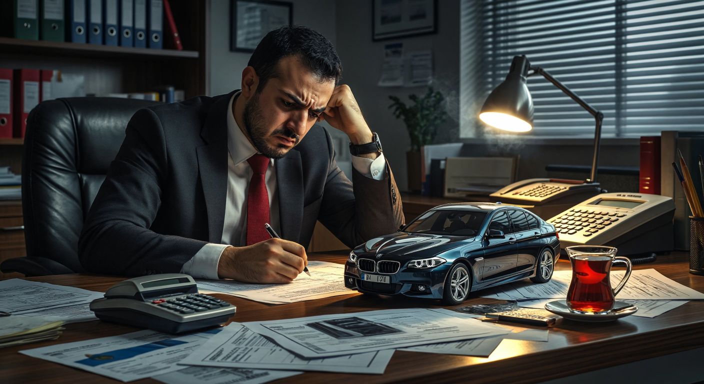 A Turkish accountant in a dimly lit office frowns at a calculator while a sleek car sits on a document labeled "ÖTV," surrounded by scattered papers and a steaming cup of Turkish tea.