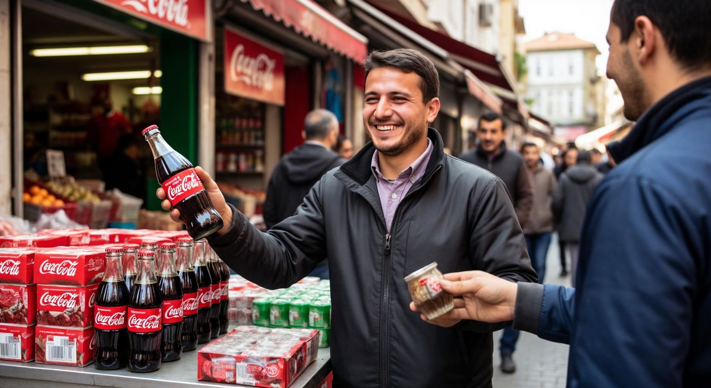 A smiling vendor in a bustling Turkish market hands a cold, glass Coca-Cola bottle to a customer, with a stack of empty returnable bottles nearby.