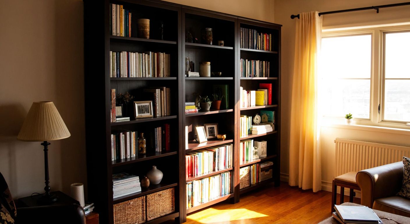 A cozy Turkish living room with a sturdy, dark wooden Hemnes bookshelf filled with books and decorative items, bathed in warm sunlight from a nearby window.