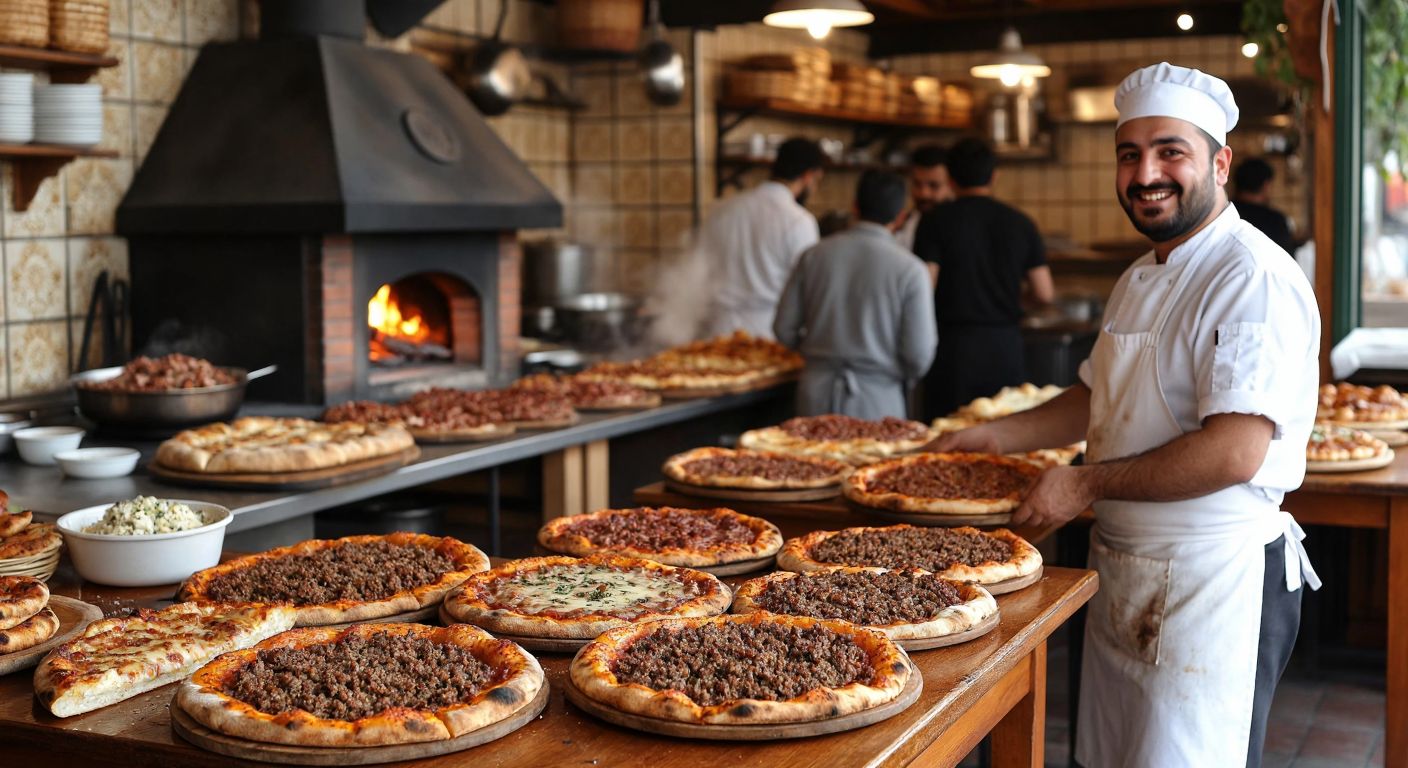 A bustling Turkish pideci shop with a wood-fired oven, steaming golden pides topped with minced meat and cheese, and a smiling chef in a white apron serving customers at wooden tables.