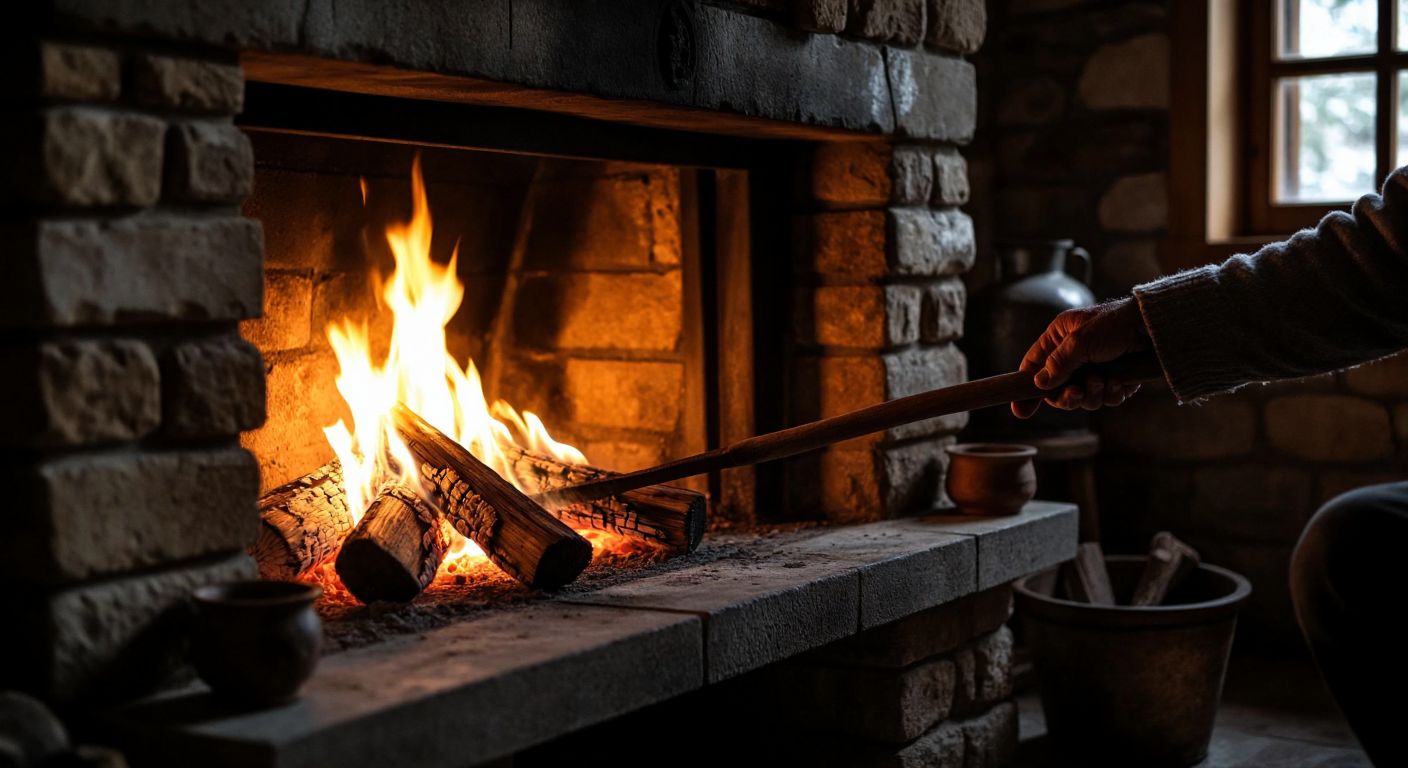 A rustic stone fireplace in a cozy Turkish home, glowing with warm orange flames licking thick oak logs, while a weathered hand adjusts the fire with an iron poker.