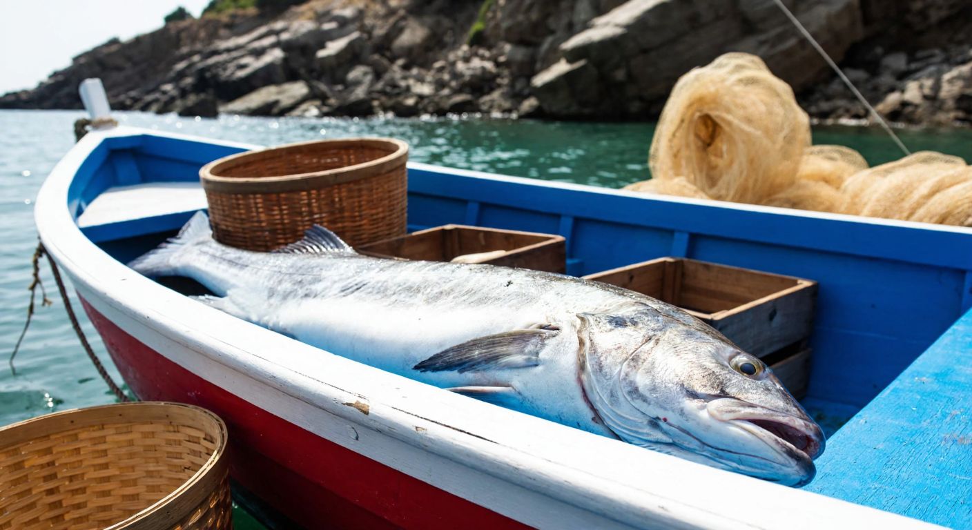 A freshly caught Atlantic wolffish with glistening white flesh, resting on a wooden fishing boat docked near a rocky shore, surrounded by traditional Turkish fishing nets and baskets.